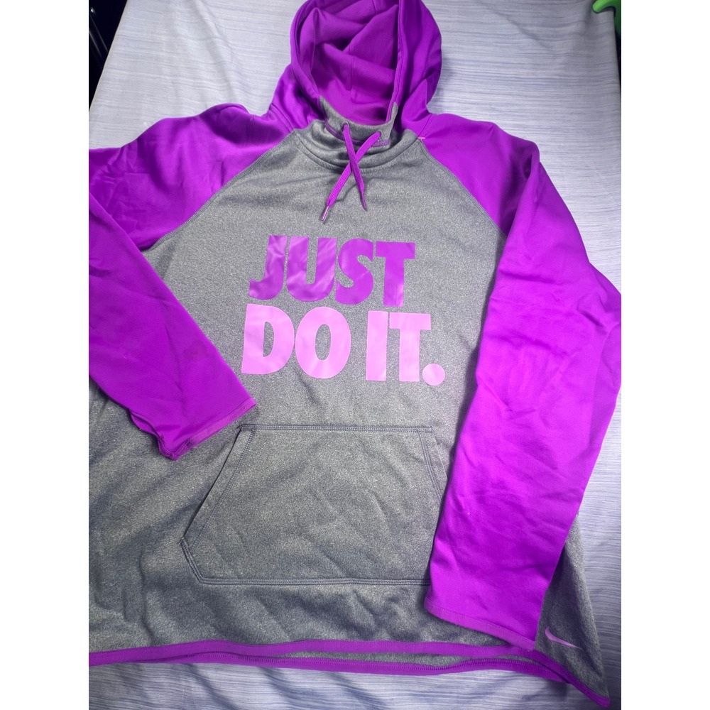 Nike Therma-FIT Just Do It Hoodie XL Gray Purple Raglan Thumbhole Pullover